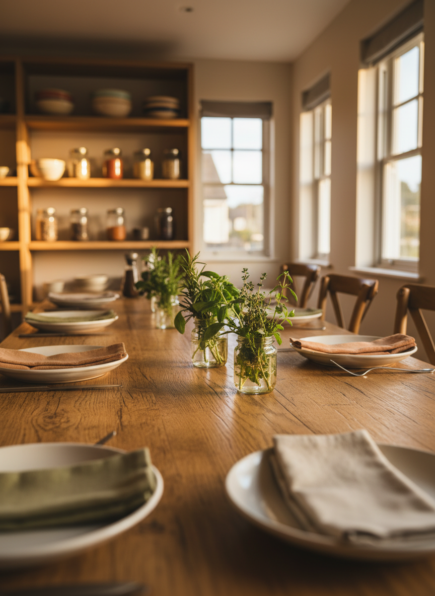 A warmly lit bed and breakfast dining room with a long, reclaimed oak farmhouse table as the central focus, its grain rich with honey and chestnut tones. The table is set with simple white stoneware plates, linen napkins in muted earth colors, and small glass jars of herbs freshly cut from an organic garden. In the background, open shelving displays mismatched ceramic bowls and glass storage jars filled with grains and spices. Late afternoon sunlight filters through large windows, casting soft golden highlights and gentle shadows. Photographic realism, shot at eye level with a shallow depth of field, creating an inviting, professional, and homely atmosphere that suggests guests are treated like friends around this communal table.