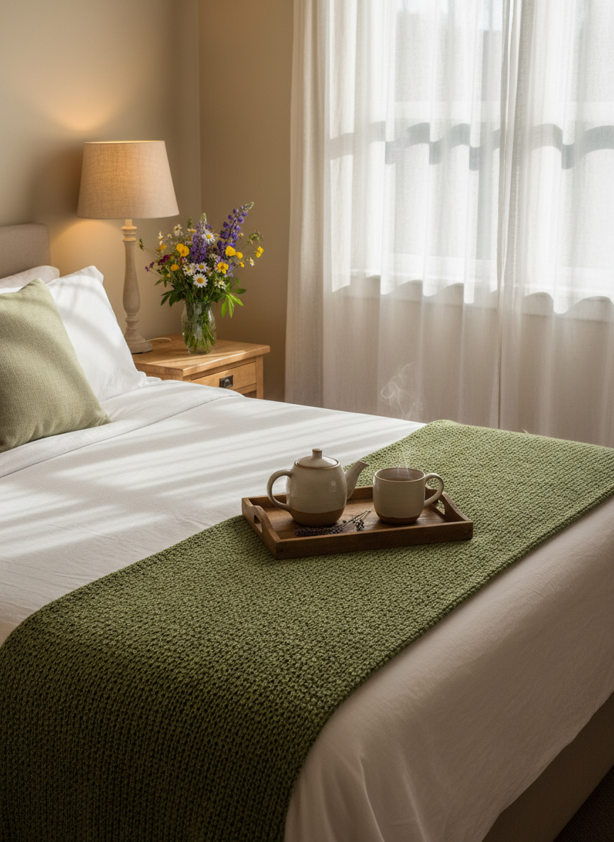 An inviting guest room in a professional bed and breakfast, featuring a neatly made queen-sized bed with crisp white organic cotton linens and a chunky moss-green knitted throw folded at the foot. A small wooden tray rests on the bed, holding a handmade ceramic teapot, a steaming cup of herbal tea, and a sprig of lavender. Beside the bed, a simple natural-wood nightstand supports a softly glowing linen-shaded lamp and a small vase of fresh garden flowers. Morning light streams through sheer curtains, creating delicate patterns on the walls. Photographic realism, composed from a slightly elevated corner angle, with warm tones and a calm, welcoming mood that conveys comfort and thoughtful hospitality.