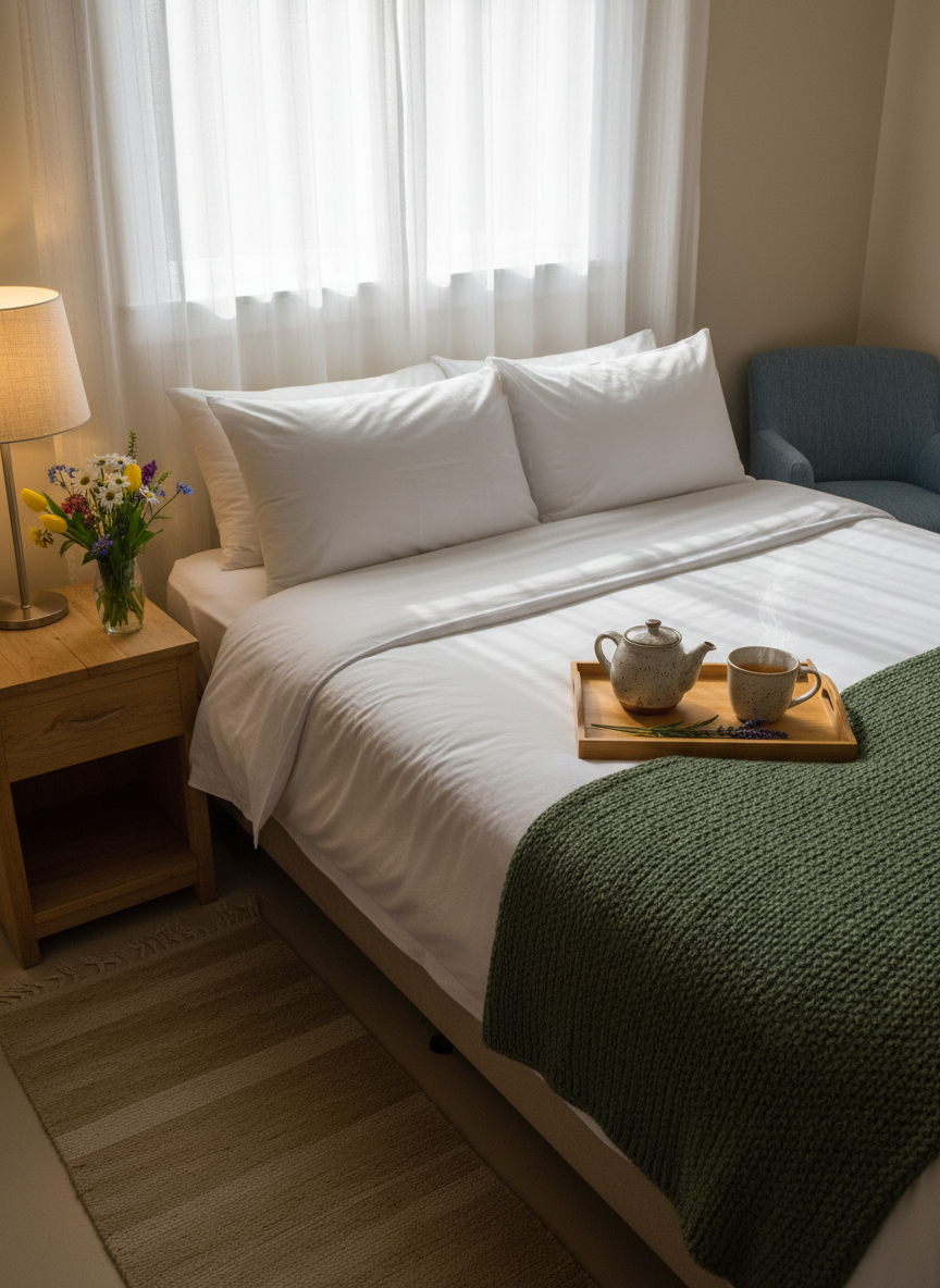 An inviting guest room in a professional bed and breakfast, featuring a neatly made queen-sized bed with crisp white organic cotton linens and a chunky moss-green knitted throw folded at the foot. A small wooden tray rests on the bed, holding a handmade ceramic teapot, a steaming cup of herbal tea, and a sprig of lavender. Beside the bed, a simple natural-wood nightstand supports a softly glowing linen-shaded lamp and a small vase of fresh garden flowers. Morning light streams through sheer curtains, creating delicate patterns on the walls. Photographic realism, composed from a slightly elevated corner angle, with warm tones and a calm, welcoming mood that conveys comfort and thoughtful hospitality.