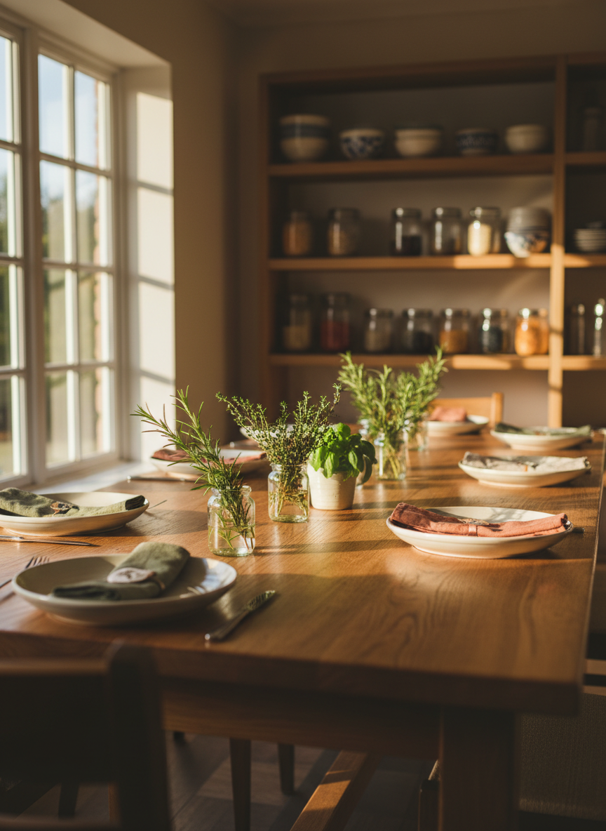 A warmly lit bed and breakfast dining room with a long, reclaimed oak farmhouse table as the central focus, its grain rich with honey and chestnut tones. The table is set with simple white stoneware plates, linen napkins in muted earth colors, and small glass jars of herbs freshly cut from an organic garden. In the background, open shelving displays mismatched ceramic bowls and glass storage jars filled with grains and spices. Late afternoon sunlight filters through large windows, casting soft golden highlights and gentle shadows. Photographic realism, shot at eye level with a shallow depth of field, creating an inviting, professional, and homely atmosphere that suggests guests are treated like friends around this communal table.