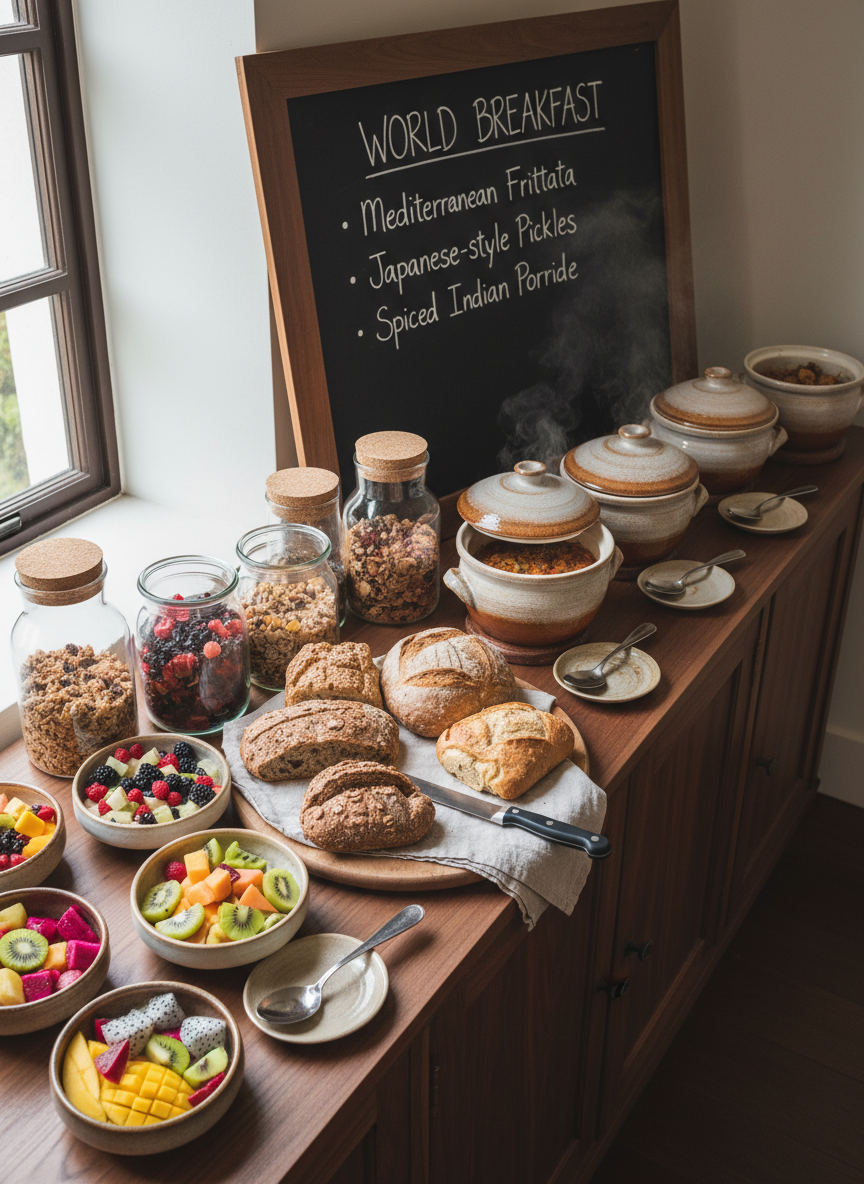 A rustic yet refined breakfast buffet spread on a solid walnut sideboard, filled with world cuisine made from organic ingredients. There are small ceramic bowls of colorful fresh fruit, glass jars of homemade granola, a platter of crusty artisan breads, and covered dishes hinting at international warm dishes. A chalkboard menu in neat handwriting lists options like Mediterranean frittata, Japanese-style pickles, and spiced Indian porridge. Soft, diffused natural light from an adjacent window illuminates the varied textures and colors of the food, creating subtle highlights on glazed ceramics and polished metal serving spoons. Photographic realism, shot from a slightly overhead angle to capture the abundance, with a clean, professional aesthetic and a relaxed, welcoming atmosphere.