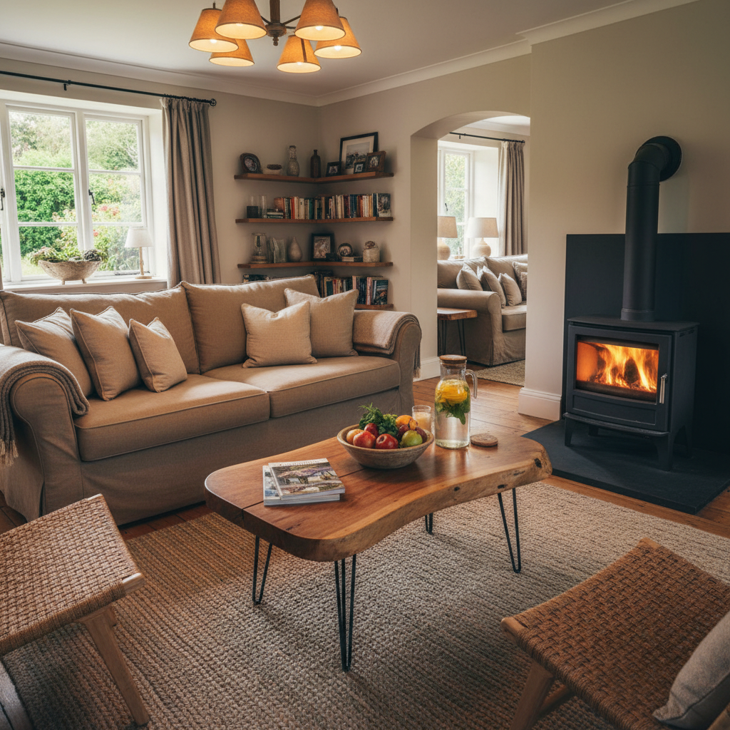 A cozy common lounge area in a bed and breakfast, furnished with a low, deep-cushioned linen sofa in warm taupe facing a simple, modern wood-burning stove with a faint fire glow visible through its glass door. A solid wood coffee table with a natural, live edge holds a small stack of travel books, a ceramic bowl of seasonal fruit from the organic garden, and a glass carafe of infused water with citrus and herbs. Soft overhead lighting combined with the subtle firelight creates an intimate, welcoming ambiance. Photographic realism, composed at eye level with a balanced, uncluttered frame, emphasizing a space where guests would feel like long-time friends unwinding together.