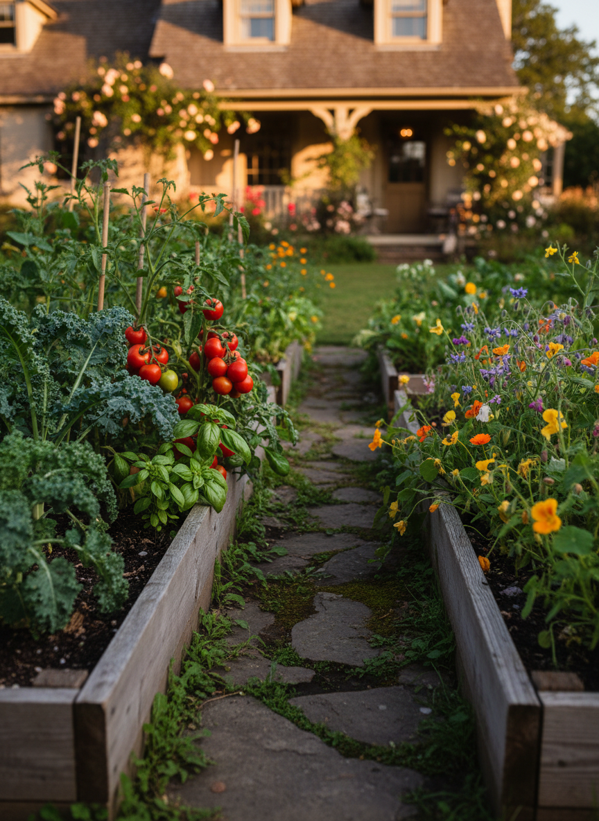 A lush organic kitchen garden just outside a bed and breakfast, with raised cedar beds overflowing with vibrant kale, tomatoes on the vine, fragrant basil, and delicate edible flowers. A narrow stone path winds between the beds, leading toward the hint of a charming cottage-style building in the softly blurred background. Early evening golden hour light bathes the leaves in warm tones, catching beads of water on the plants and casting long, gentle shadows across the soil. Photographic realism, captured from a low, close-up angle that emphasizes the texture of the plants and soil, conveying a sense of care, freshness, and the direct connection between garden and table.