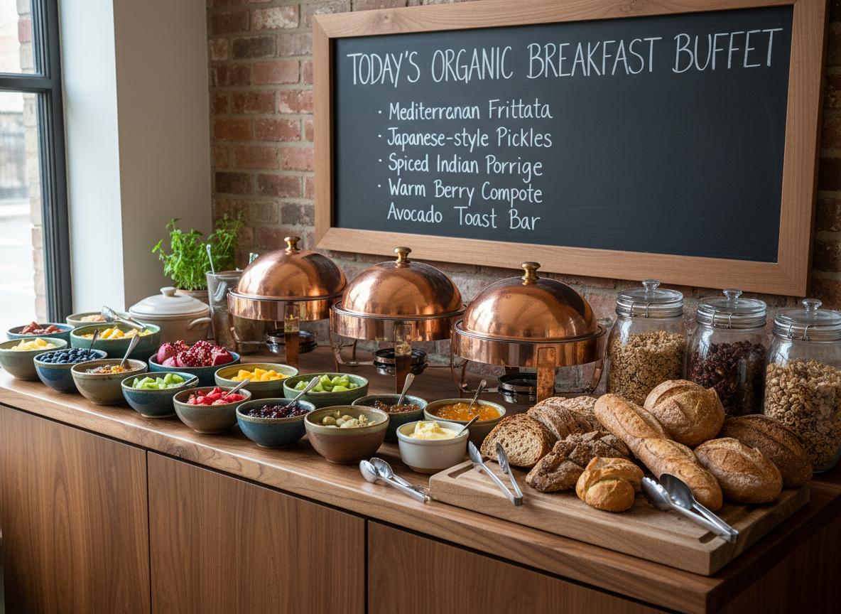 A rustic yet refined breakfast buffet spread on a solid walnut sideboard, filled with world cuisine made from organic ingredients. There are small ceramic bowls of colorful fresh fruit, glass jars of homemade granola, a platter of crusty artisan breads, and covered dishes hinting at international warm dishes. A chalkboard menu in neat handwriting lists options like Mediterranean frittata, Japanese-style pickles, and spiced Indian porridge. Soft, diffused natural light from an adjacent window illuminates the varied textures and colors of the food, creating subtle highlights on glazed ceramics and polished metal serving spoons. Photographic realism, shot from a slightly overhead angle to capture the abundance, with a clean, professional aesthetic and a relaxed, welcoming atmosphere.