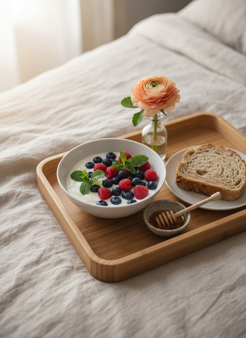 A close-up of a beautifully styled breakfast tray designed for a bed and breakfast guest, arranged on a soft, neutral linen duvet. The tray is made of smooth, pale bamboo with rounded corners and holds a bowl of organic yogurt topped with berries and garden mint, a slice of seeded sourdough, a tiny dish of local honey, and a small bud vase with a single freshly cut flower. Soft, diffused morning light from an unseen window highlights the gentle textures of the linens and the vibrant colors of the food. Photographic realism, shot from a slightly overhead angle with a shallow depth of field, creating an intimate, pampering, and professional mood that communicates thoughtful, friend-like care.