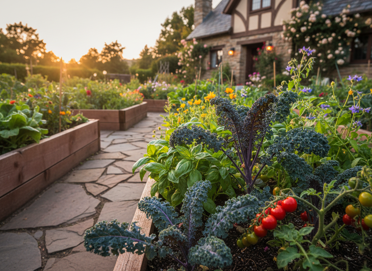 A lush organic kitchen garden just outside a bed and breakfast, with raised cedar beds overflowing with vibrant kale, tomatoes on the vine, fragrant basil, and delicate edible flowers. A narrow stone path winds between the beds, leading toward the hint of a charming cottage-style building in the softly blurred background. Early evening golden hour light bathes the leaves in warm tones, catching beads of water on the plants and casting long, gentle shadows across the soil. Photographic realism, captured from a low, close-up angle that emphasizes the texture of the plants and soil, conveying a sense of care, freshness, and the direct connection between garden and table.